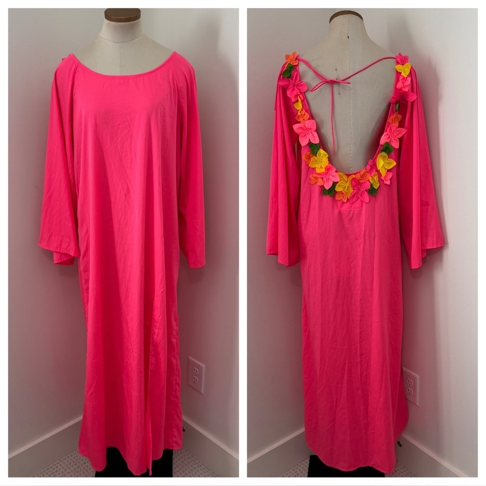 NEW Sundress Brand Medium / Large India Maxi Neon Pink Dress Coverup Flowers